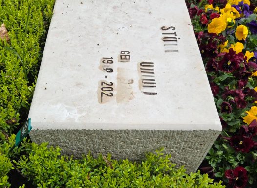 Grauer Betonstein mit Druck und umgebender bunter Blumenbepflanzung.