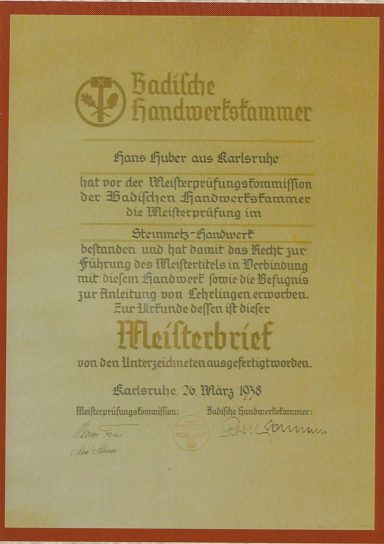 Zertifikat mit dem Titel "Meisterbrief" für eine handwerkliche Ausbildung.